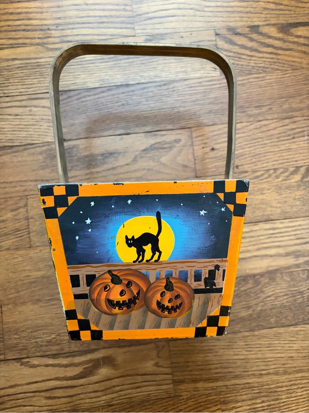 Halloween Cat Pumpkin Wooden Painted Basket Planter Holiday Decor